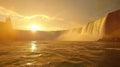 Golden Sunrise over Waterfall, River, Cliffs Royalty Free Stock Photo