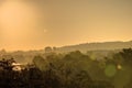 Golden sunrise in Prague taken from the Letna park, with cityscape and the Vltava river on the horizon Royalty Free Stock Photo