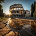 Golden Sunrise at Romes Iconic Colosseum: Majestic Architecture in Warm Light