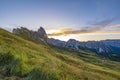 Golden sunrise at Seceda, Dolomites, Italy, A breathtaking spectacle unfolds, casting warm hues