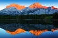 Golden Sunrise at Wedge Pond Beneath Mount Kidd in Kananaskis, Alberta, Canada Royalty Free Stock Photo