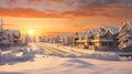 Golden sunset bathes snowy suburban houses in warm glow on winter evening, Ai Generated