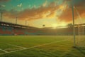 Golden Sunset Behind Soccer Goal Post in an Empty Stadium with Clear Blue Sky and Plush Green Field Royalty Free Stock Photo