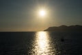 Golden sunset at the cliff at the Italian Riviera in the Village of Riomaggiore, Cinque Terre, Italy Royalty Free Stock Photo