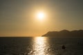 Golden sunset at the cliff at the Italian Riviera in the Village of Riomaggiore, Cinque Terre, Italy Royalty Free Stock Photo