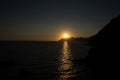 Golden sunset at the cliff at the Italian Riviera in the Village of Riomaggiore, Cinque Terre, Italy Royalty Free Stock Photo