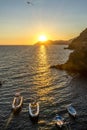 Golden sunset at the cliff at the Italian Riviera in the Village of Riomaggiore, Cinque Terre, Italy Royalty Free Stock Photo