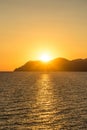 Golden sunset at the cliff at the Italian Riviera in the Village of Riomaggiore, Cinque Terre, Italy Royalty Free Stock Photo