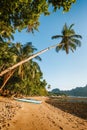 Golden sunset light on tropical beach. Bangka boat on shore under palm tree. El Nido bay. Palawan. Philippines Royalty Free Stock Photo