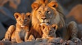 Golden sunset. magnificent lion family resting in the idyllic african savanna at dusk