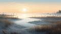 Golden Sunset Marsh: A Romantic Digital Illustration Of Coastal Beauty