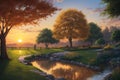 Golden sunset nurturing growth with gentle hands and nature's beauty serene park scene