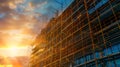 Sunset hues bathe a construction site in golden light. Scaffolding outlines against evening sky. Urban development theme Royalty Free Stock Photo