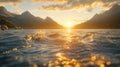 Golden Sunset Over Calm Ocean and Mountains Royalty Free Stock Photo