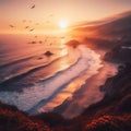 Golden Sunset Over Coastal Waves, AI Generated Royalty Free Stock Photo