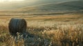 Golden sunset over farm field with hay bales Royalty Free Stock Photo