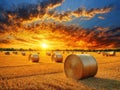 Golden sunset over farm field with hay bales, AI generated Royalty Free Stock Photo