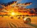 Golden sunset over farm field with hay bales, AI generated Royalty Free Stock Photo