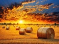 Golden sunset over farm field with hay bales, AI generated Royalty Free Stock Photo