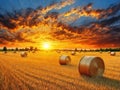 Golden sunset over farm field with hay bales, AI generated Royalty Free Stock Photo