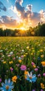 Golden Sunset Over Floral Field Panorama. Summer nature landscape