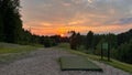 Golden sunset over the Krokhol Disc Golf Course with a beautiful green landscape in Norway Royalty Free Stock Photo
