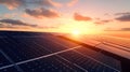 Golden Sunset Over Large Solar Farm, Featuring Rows of Panels, Ai Generated Royalty Free Stock Photo