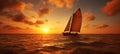 Golden Sunset over Ocean with Sailboat on Horizon, Emphasizing Grandeur and Tranquility Royalty Free Stock Photo