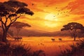 Golden Sunset Over Savanna with Wildlife Royalty Free Stock Photo