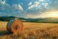 Golden Sunset Over a Serene Farm Landscape With Hay Bales Scattered in the Field