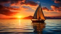 Sunset Over Tranquil Ocean with Boat Sailing - AI Generated