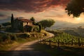 Golden Sunset Over Tuscan Vineyard with Rustic Farmhouse, Rolling Hills, and Picnicking Couple. Generative Ai Royalty Free Stock Photo