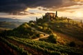 Golden Sunset Over Tuscan Vineyard with Rustic Farmhouse, Rolling Hills, and Picnicking Couple. Generative Ai Royalty Free Stock Photo