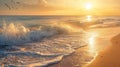 Golden Sunset Over Waves Crashing on Sandy Beach Royalty Free Stock Photo
