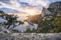 Golden sunset from Panea cliff with mountain cat koshka in background. Simeiz, Crimea. Black Sea Royalty Free Stock Photo