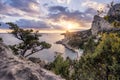 Golden sunset from Panea cliff with mountain cat koshka in background. Simeiz, Crimea. Black Sea Royalty Free Stock Photo