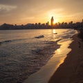 Golden sunset on the Poniente beach in Benidorm Royalty Free Stock Photo