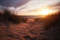 Golden sunset on the sea shore and footprints in the sand. Beautiful sand dunes. Royalty Free Stock Photo