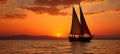 Golden Sunset Serenity. Majestic Glow over Ocean, Sailboat on Horizon - Embracing Tranquility