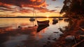 Golden Sunset Serenity: Tranquil Waterfront with Moored Boats and Reflections