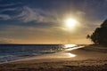 Tropical beach and palm tree on Maui with fiery sky.