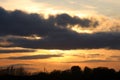 Golden sunset sky with silhouettes birds flying