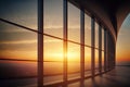 Golden sunset view window from office building with cityscape. Flawless Royalty Free Stock Photo