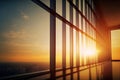 Golden sunset view window from office building with cityscape. Flawless Royalty Free Stock Photo