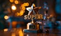 Golden SUPER trophy signifying excellence and outstanding achievement, an award for superlative performance on a blurred