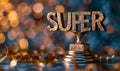 Golden SUPER trophy signifying excellence and outstanding achievement, an award for superlative performance on a blurred