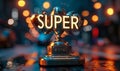 Golden SUPER trophy signifying excellence and outstanding achievement, an award for superlative performance on a blurred