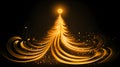 golden, swirling Christmas tree with a bright star on top, set against a dark background, sparkling