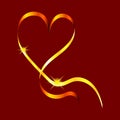 Golden swirling ribbon in the shape of a heart with shining stars. Design element for greeting cards for Valentines Day.