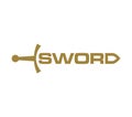 Golden sword logo made of letters. White weapon